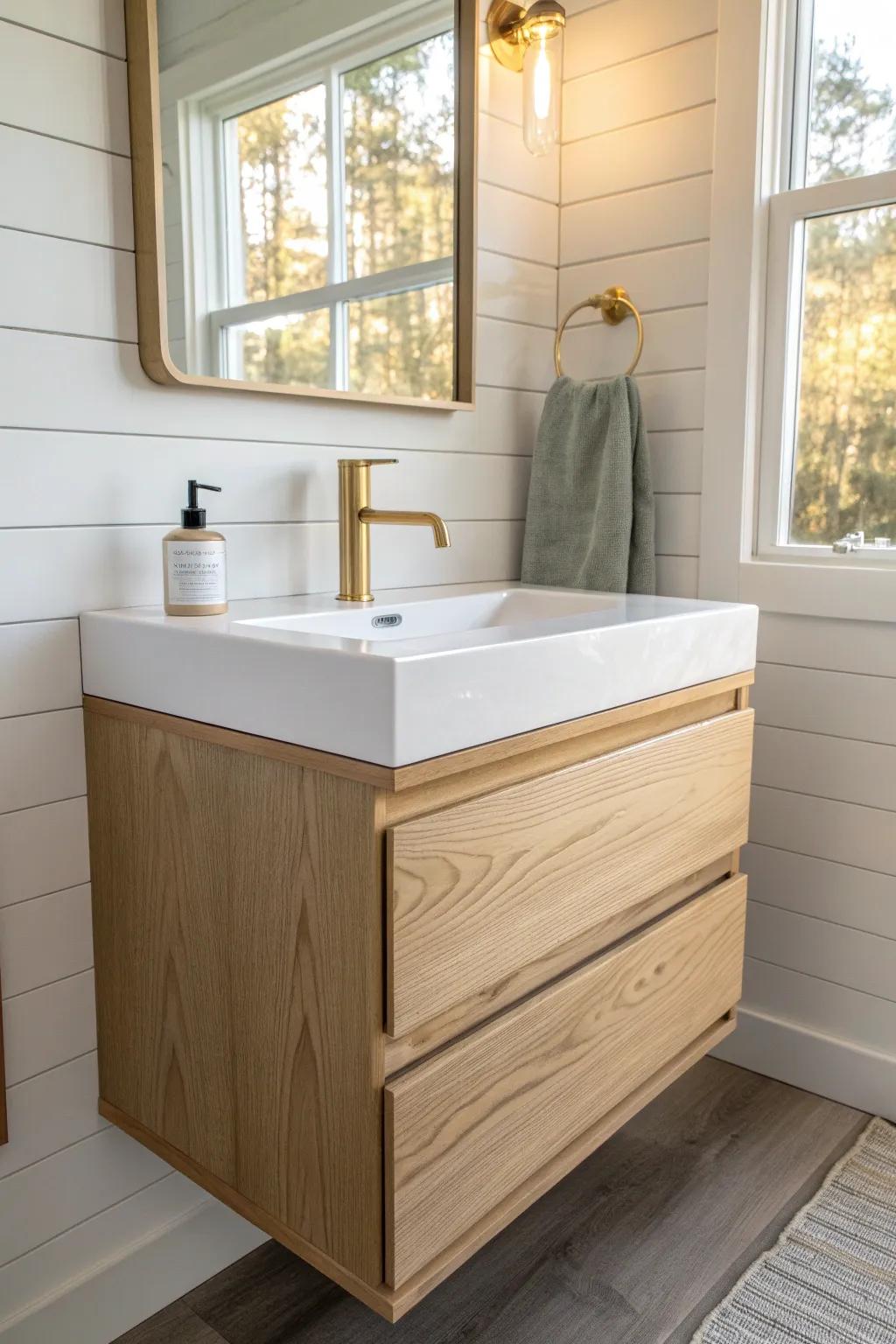 A floating oak vanity reveals more floor—instantly making a tiny ADU bathroom feel open and airy.