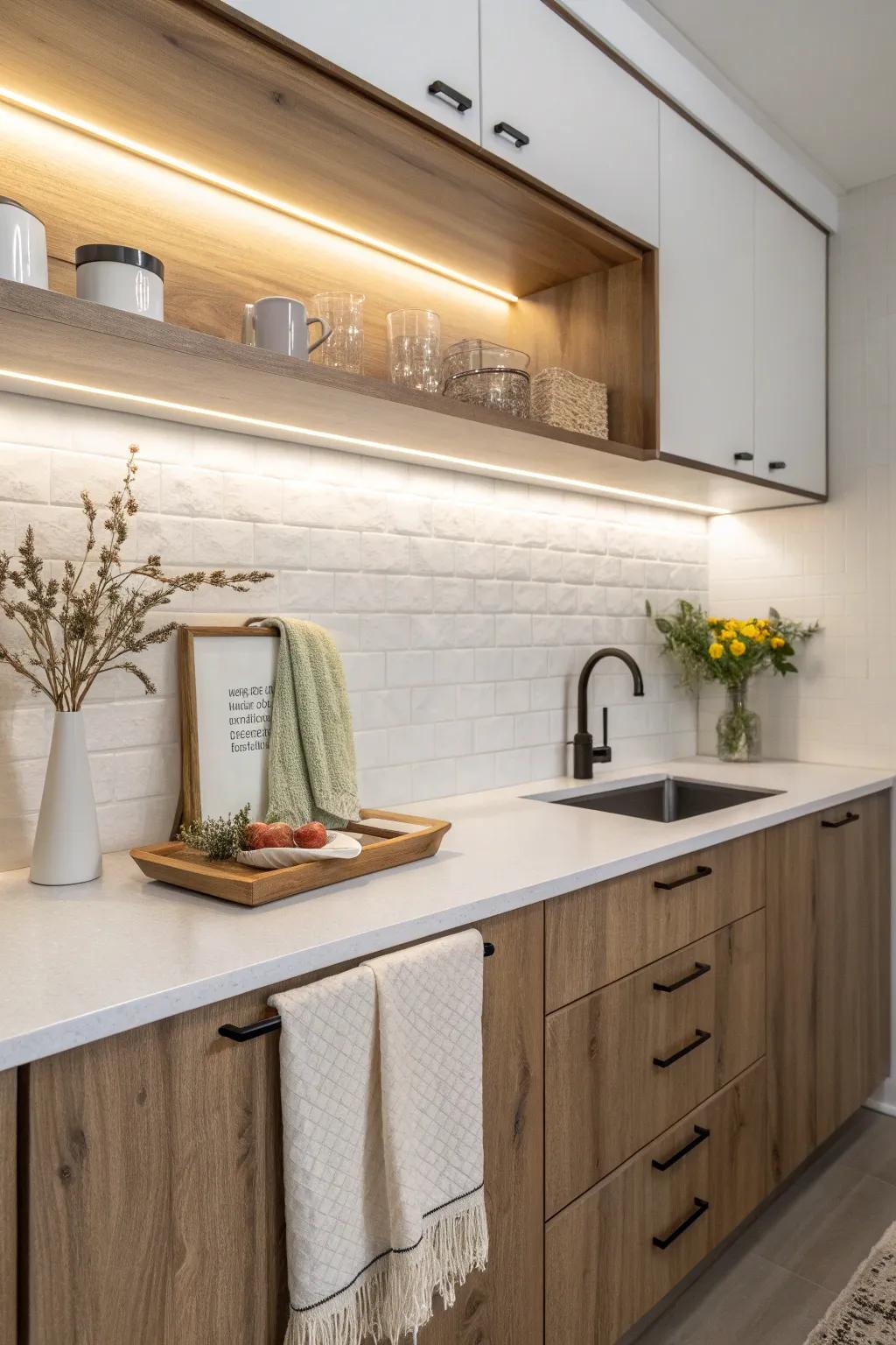 Layered lighting magic: warm under-cabinet glow that makes a tiny ADU kitchen feel luxe.
