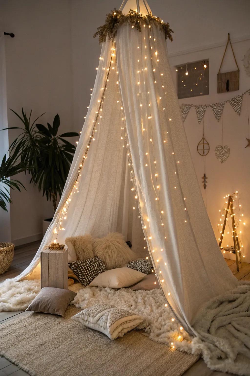 Create your own twinkling light retreat with enchanting string lights for a magical and cozy escape.