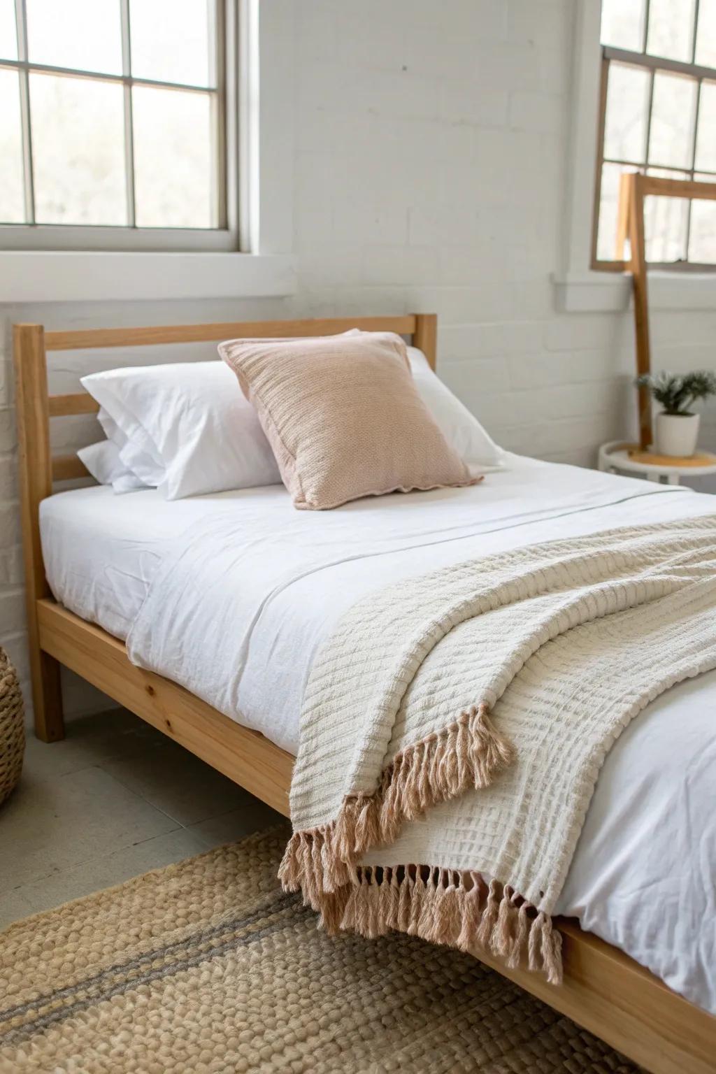 Neutral layers—linen sheets, textured duvet, and a handwoven throw for boutique dorm vibes.