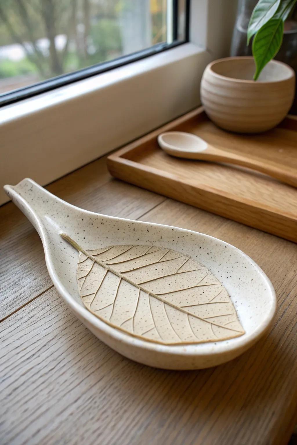 Leaf-textured air-dry clay spoon rest—minimal, boho-soft, and perfect by the stove.