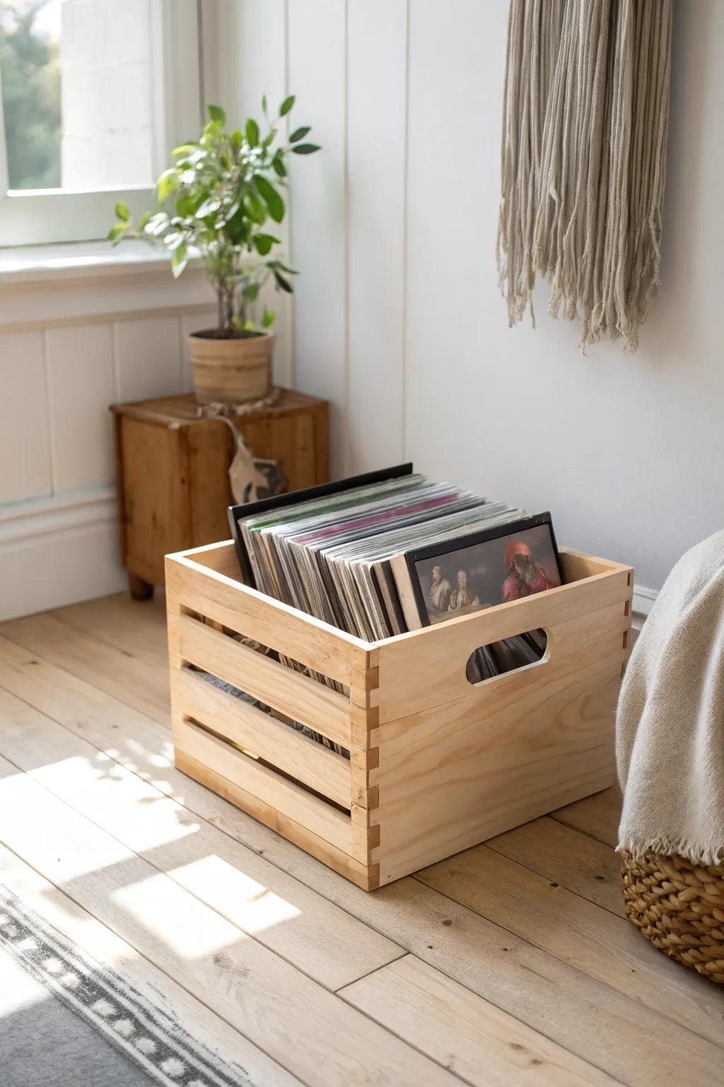 Sturdy floor record crates keep vinyl upright, protected, and easy to move in small spaces.
