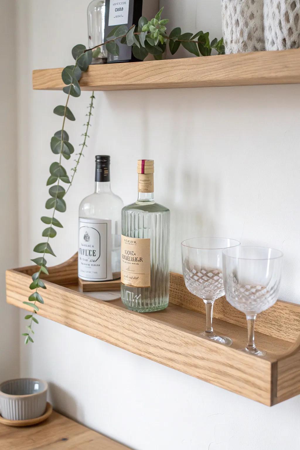 A floating shelf mini bar wall that frees cabinet space—minimal, warm, and beautifully styled.