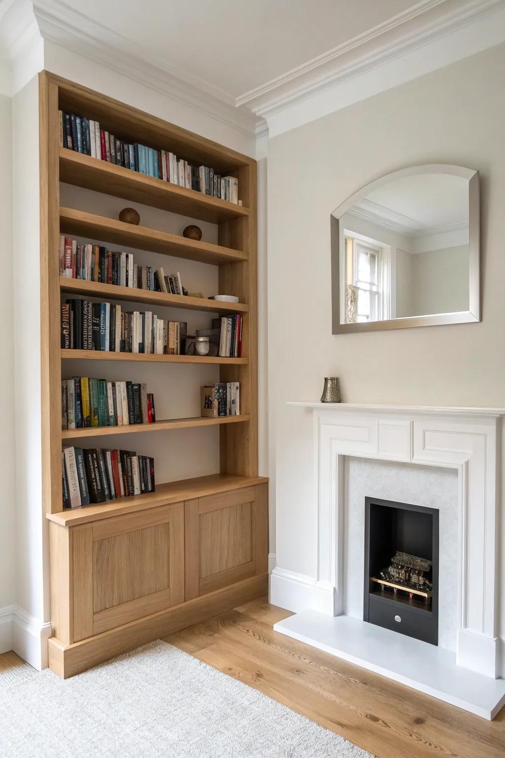 Floor-to-ceiling alcove library: warm oak shelves, curated books, and airy negative space.
