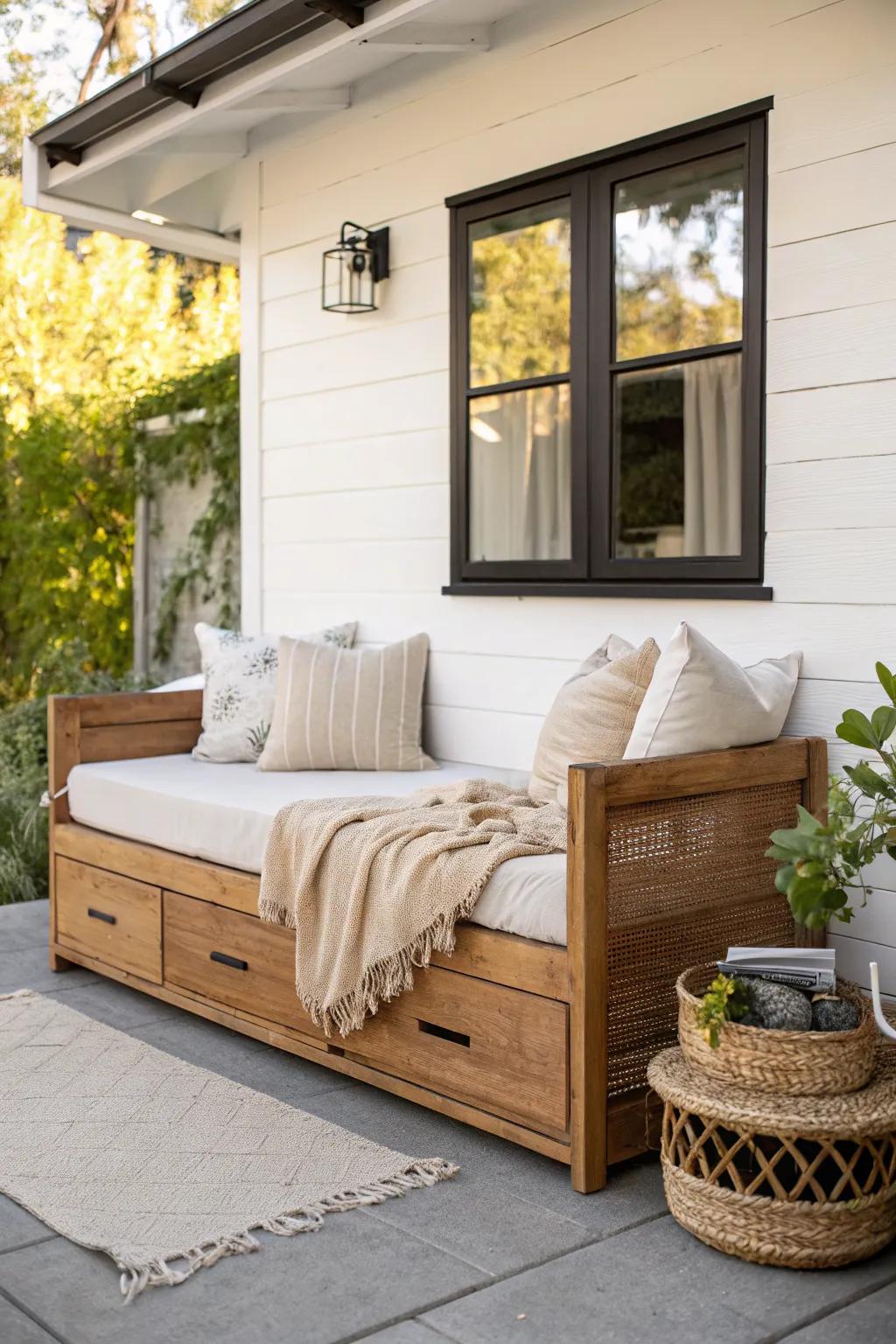 A tiny ADU porch daybed with hidden storage—your cottage’s extra room for lounging.