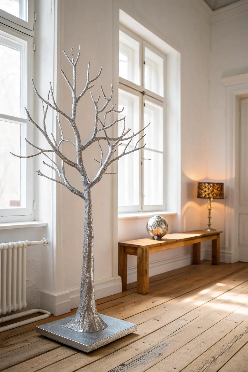 Embrace the elegance of upcycled art with this stunning aluminum tree sculpture, a perfect blend of minimalist and boho charm.