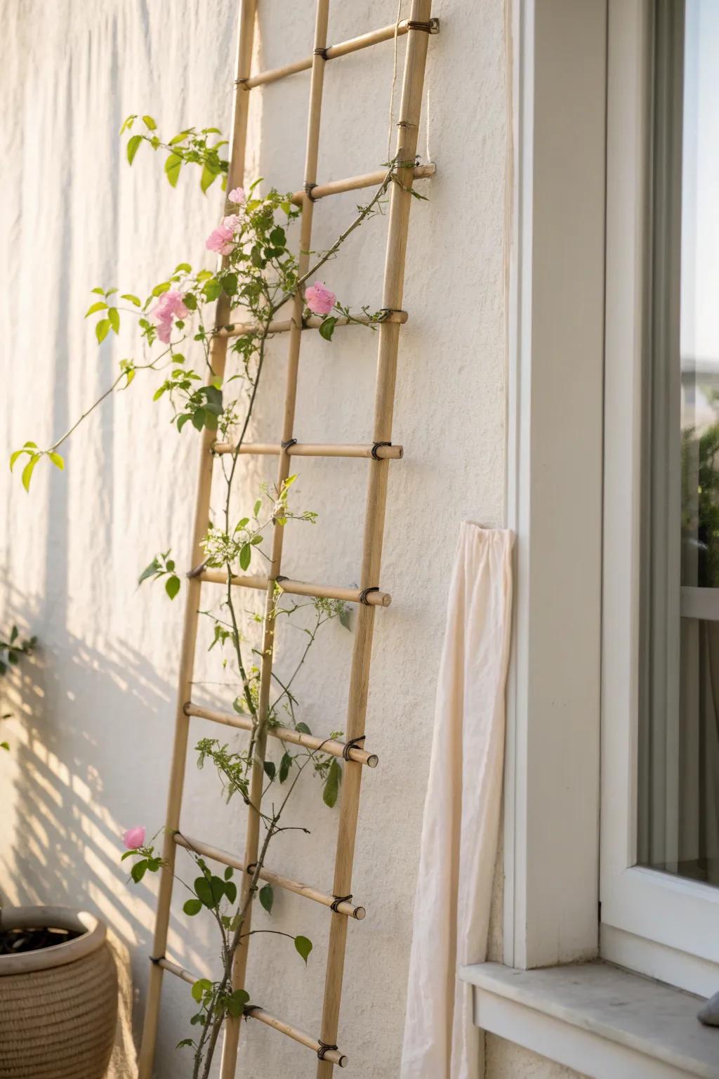 A slim bamboo trellis adds height, privacy, and blooms—perfect for a cozy balcony nook.