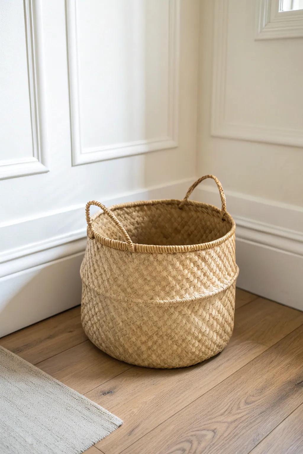 Warm whites + one tactile piece: a woven basket brings depth to small, low‑light apartments.