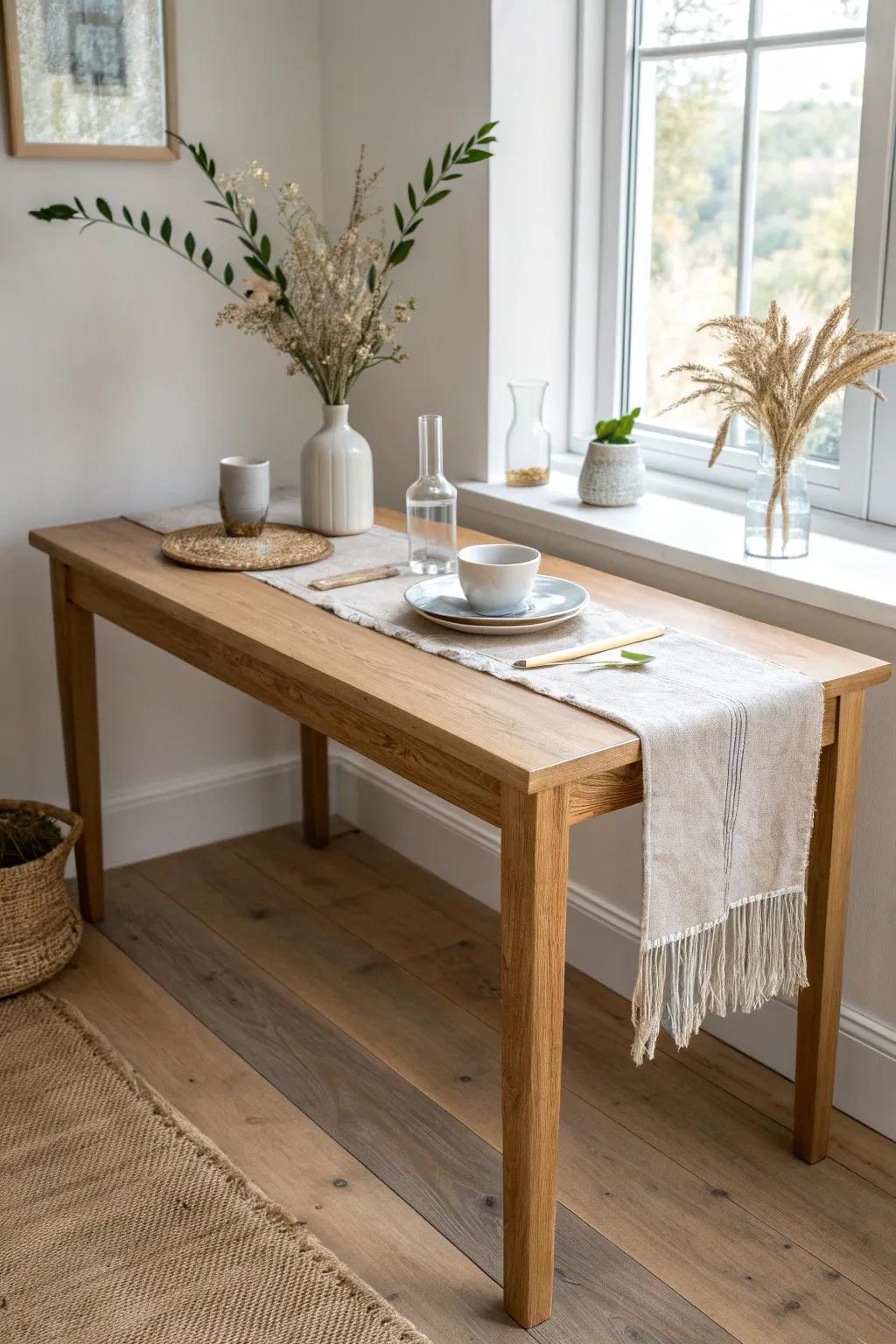 Wall-hugged table turns a tiny dining nook into a chic café-style banquette at home.