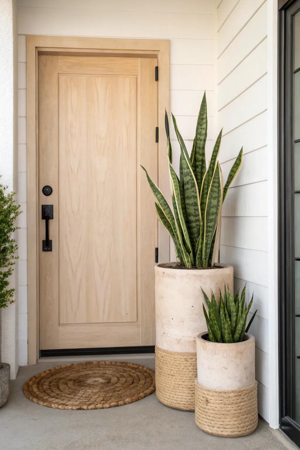 Slim matching planters create a calm, symmetrical doorway and add vertical height in small spaces.