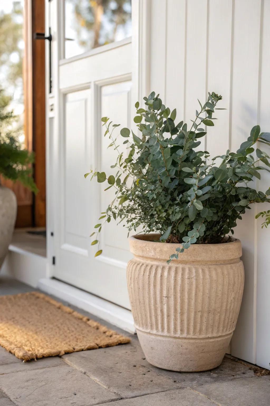 Symmetry in a tiny porch: matching planters by the door for instant, polished curb appeal.