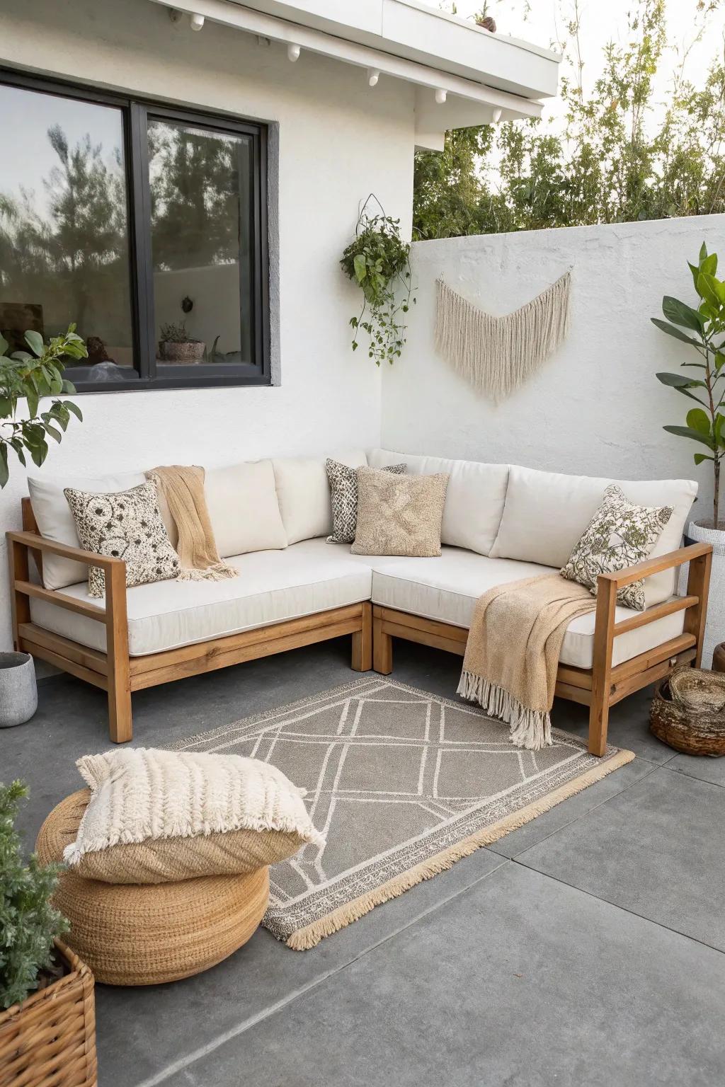 Turn a tight patio corner into a cozy lounge with a compact L-shaped sectional.