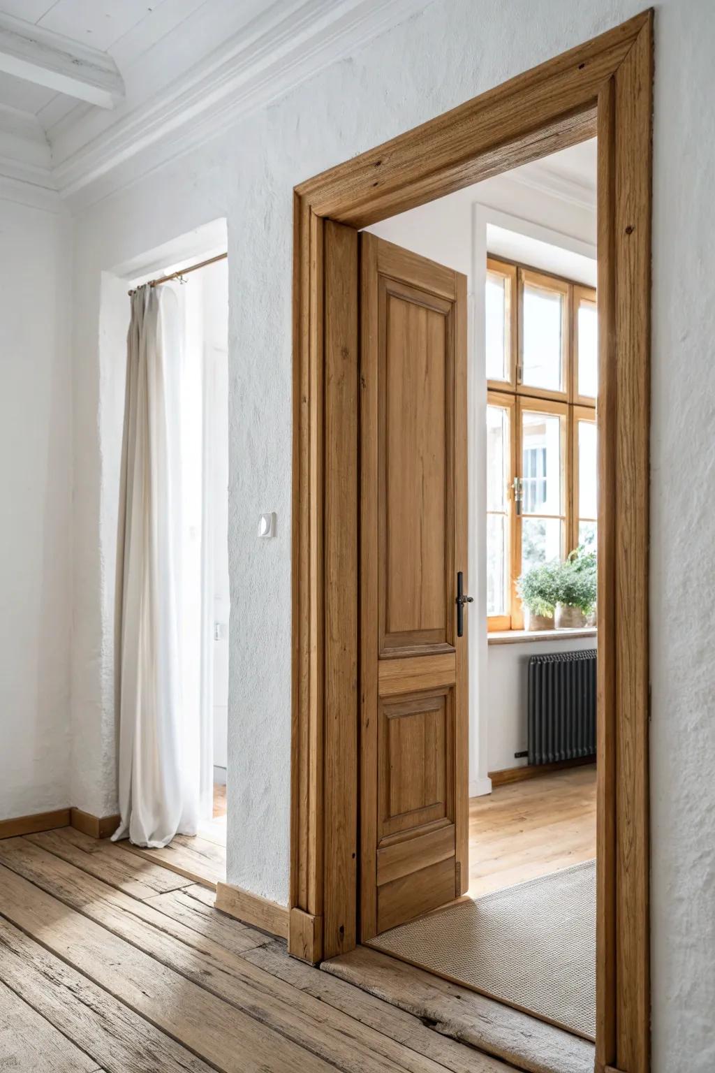 A wider doorway instantly boosts flow—clean lines, warm oak, small-space open-concept feel.