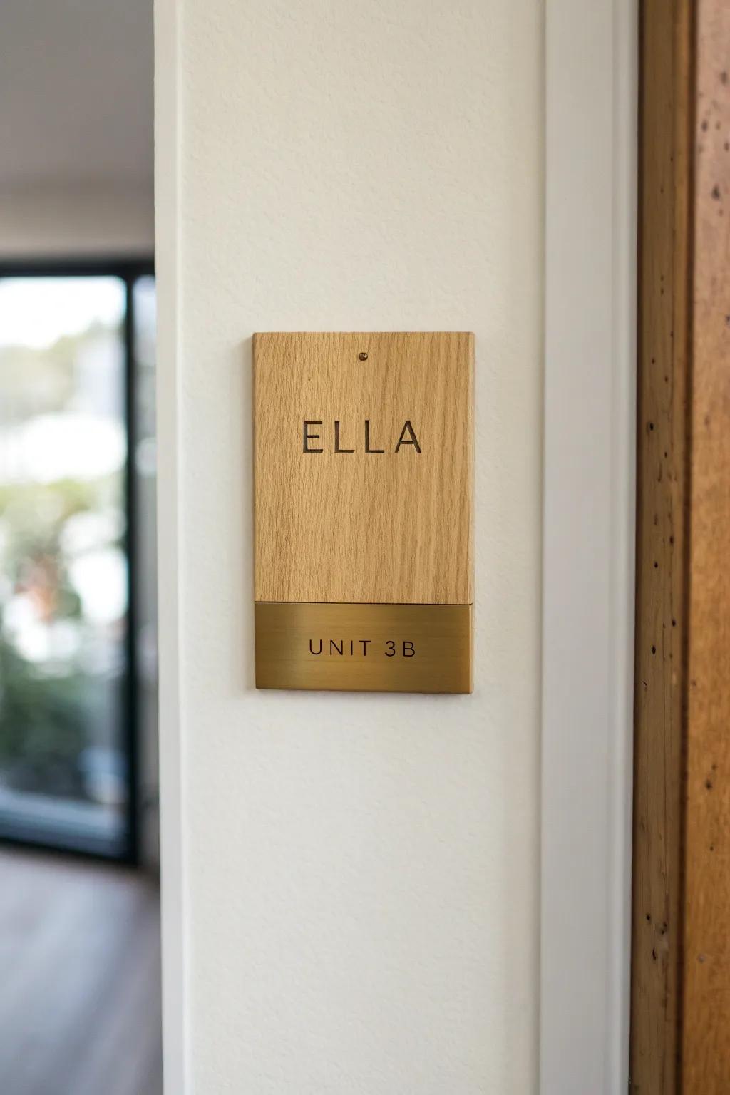 A simple name + unit plaque that makes even a tiny entry feel instantly yours—soft, modern, welcoming.