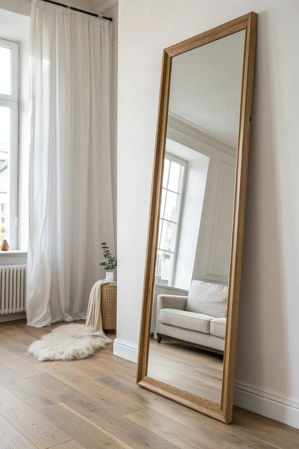 A tall oversized mirror leaned on the wall—no drilling, instant light and a bigger-feeling room.