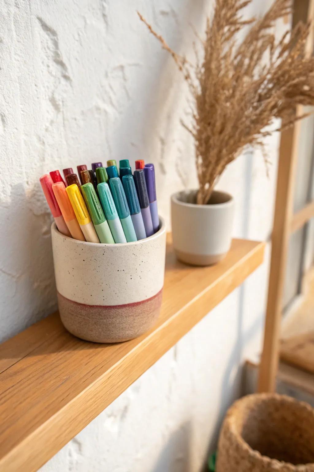 Rainbow-sorted markers in a ceramic cup—calming, pretty, and perfect for small shelves.