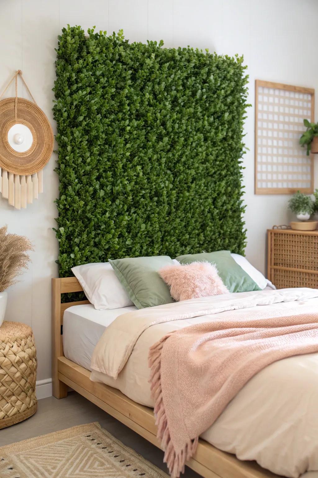 A calm boxwood plant wall “headboard” that makes a small bedroom feel cozy and polished.