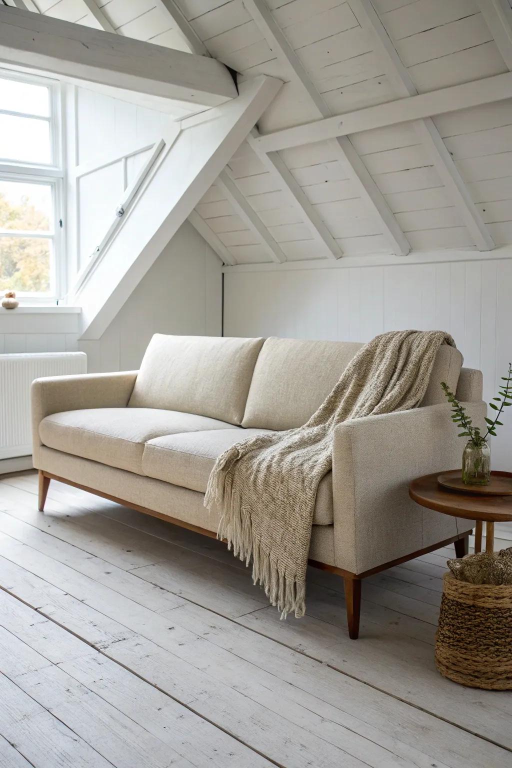 A low-profile sofa keeps attic sightlines open and makes sloped-ceiling lounging feel easy.