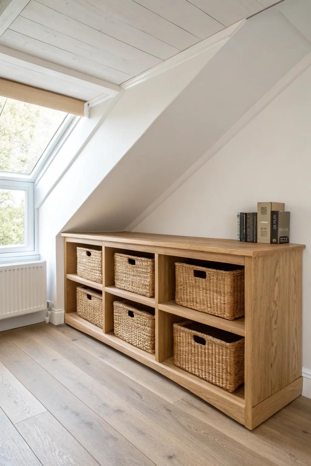 Low shelves along the attic eaves turn dead space into calm, beautiful storage.