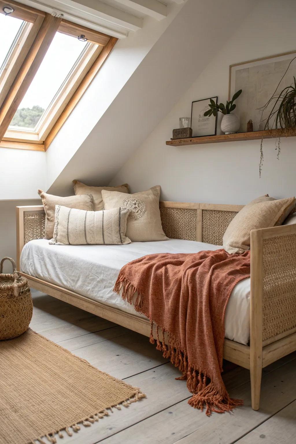 Turn the sloped attic corner into a dreamy daybed lounge with oversized pillows and texture.