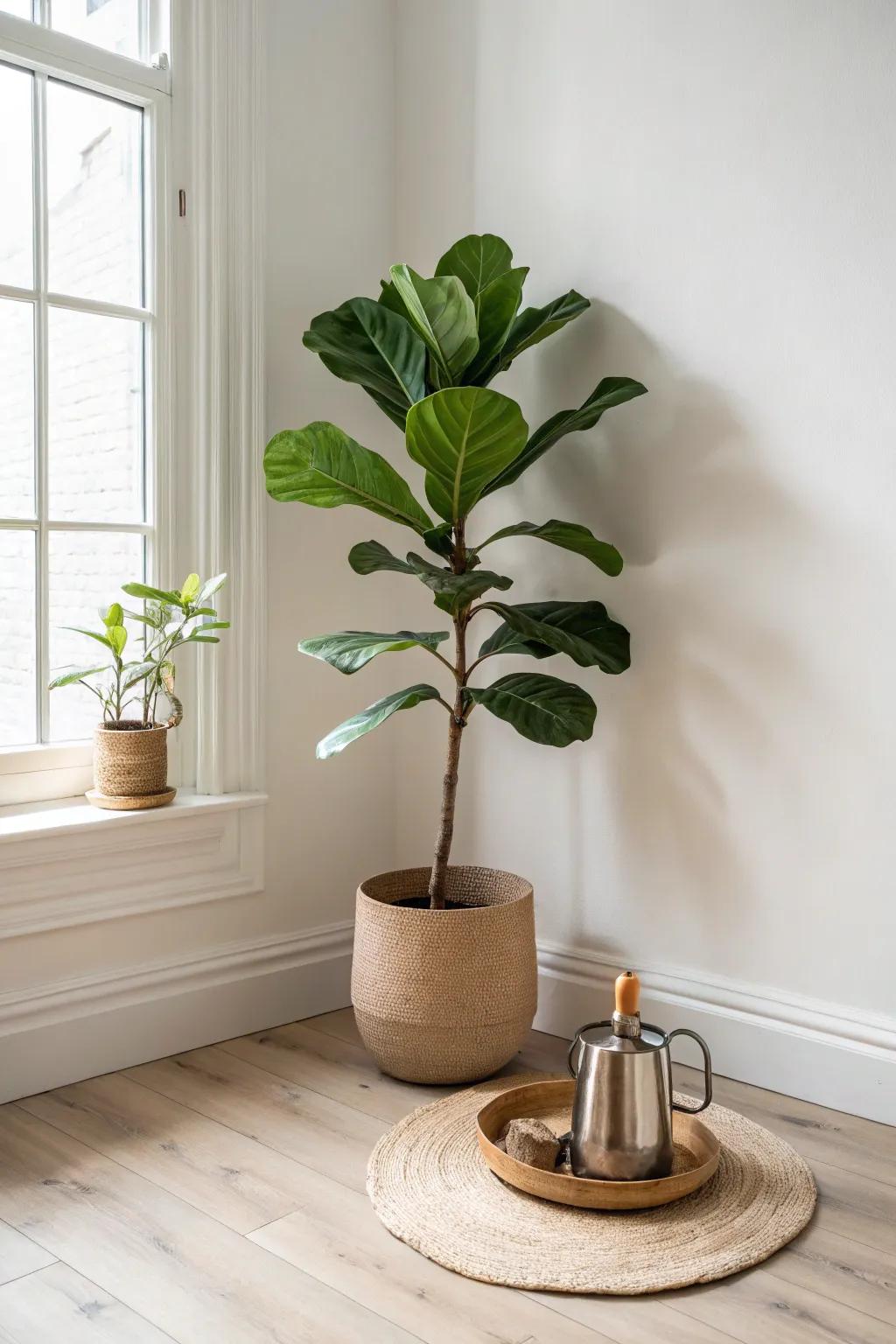 Fill an awkward corner with a tall statement plant—and stash tools on a woven tray.