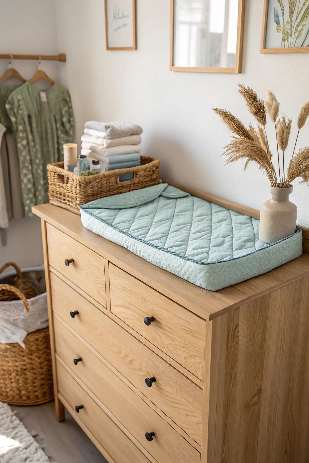 A space-smart dresser-top changing station—minimal, warm, and perfect for baby boy nurseries.