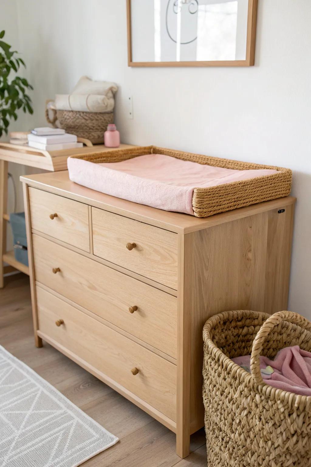 Small-room nursery win: a dresser-top changing station that stores everything in one spot.