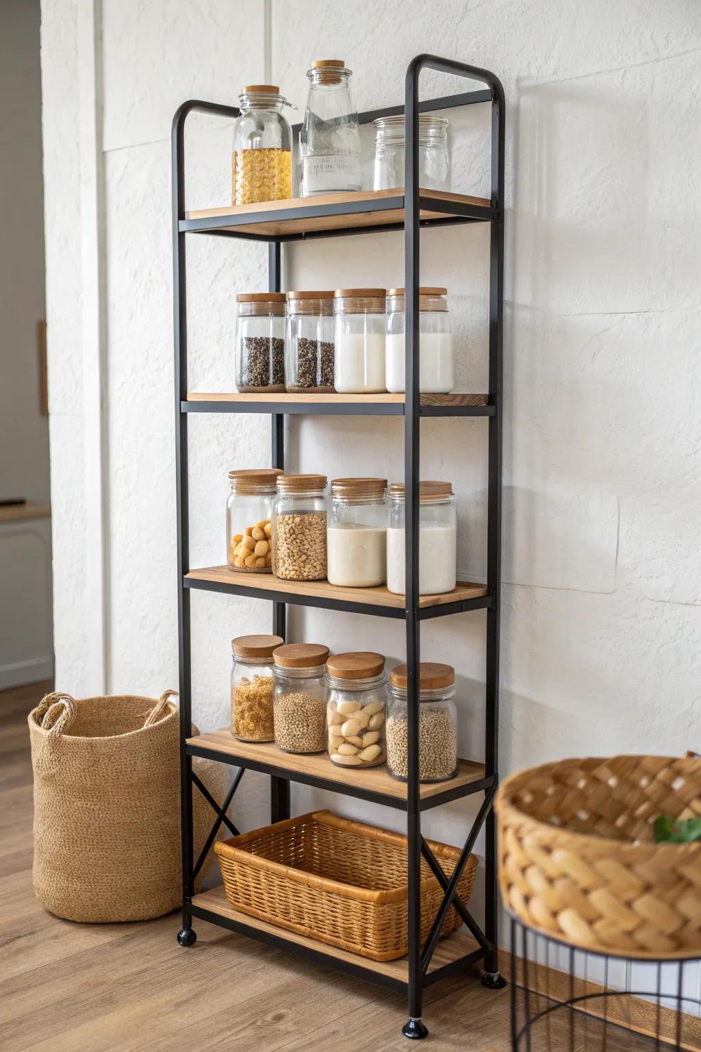 Turn a slim baker’s rack into a calm open pantry with matching clear jars and warm wood.