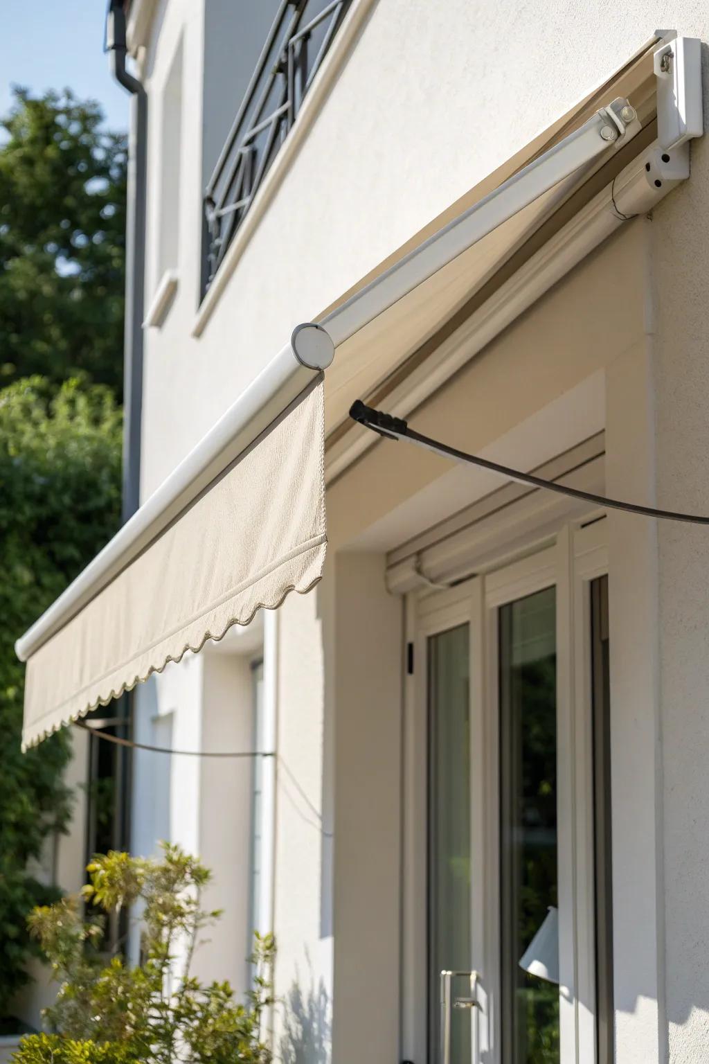 A creamy neutral awning keeps a small balcony feeling bigger, brighter, and effortlessly calm.