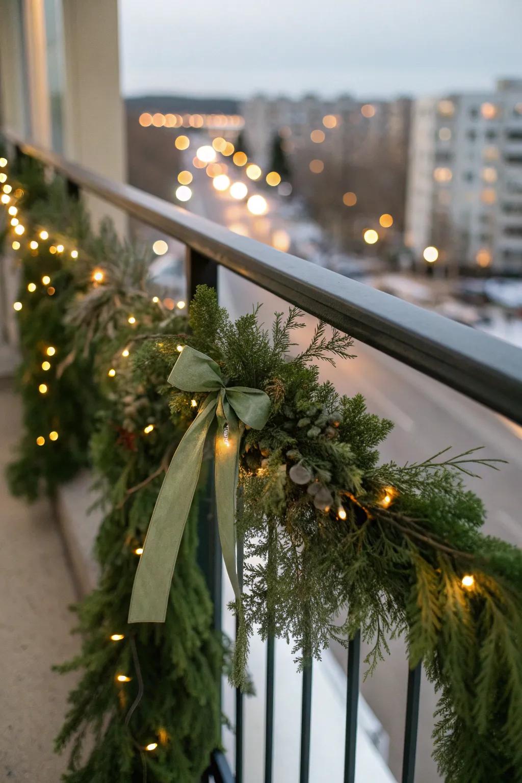 Garland-wrapped rail with hidden fairy lights—fuller greenery, cleaner look, instant cozy glow.