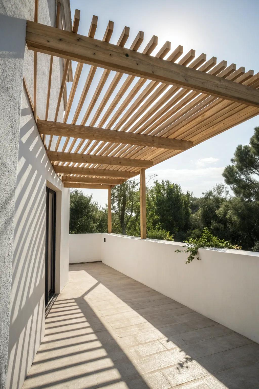 A slatted pergola casts dreamy shadow lines—airy shade that makes a tiny balcony feel taller.