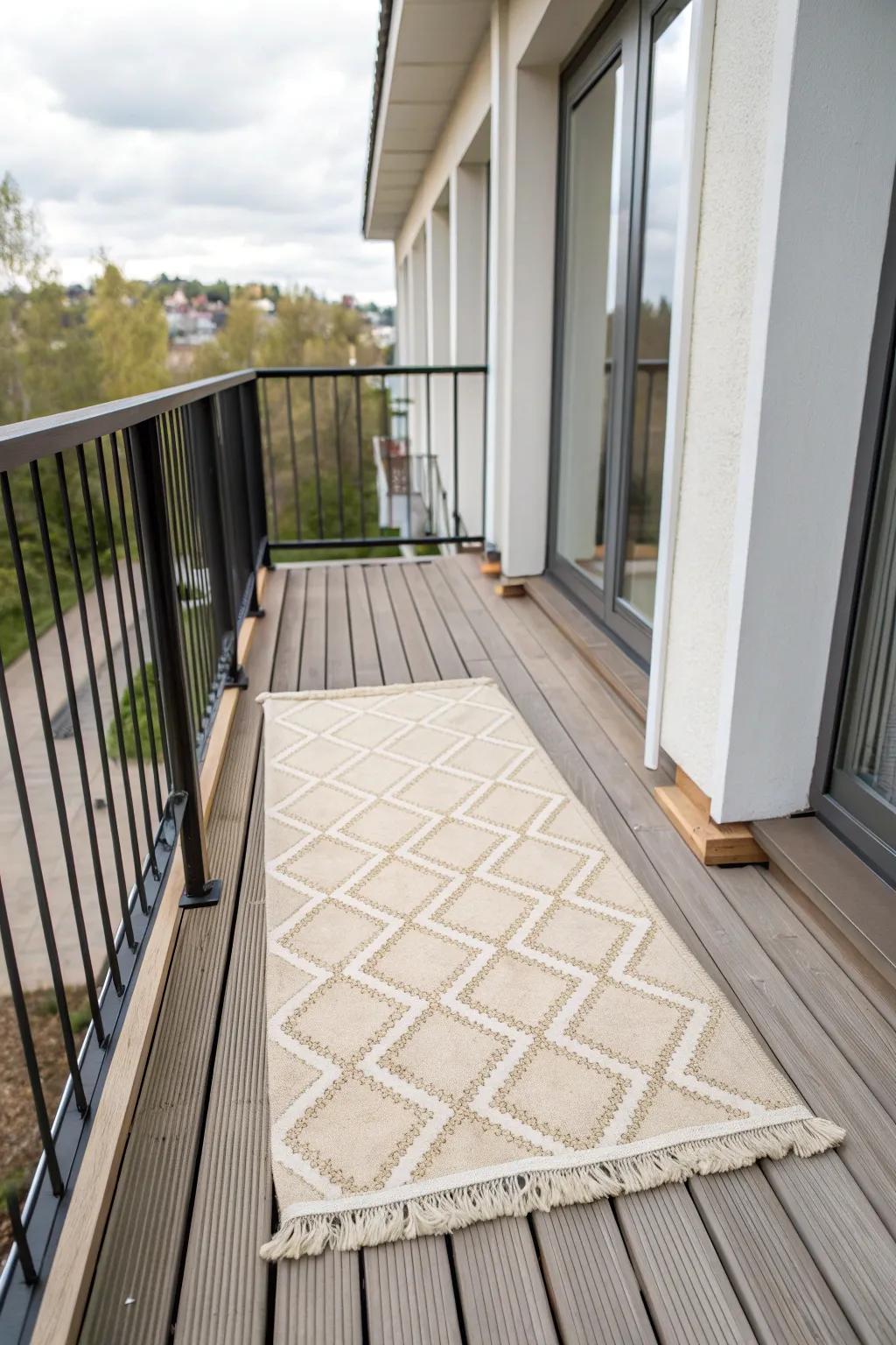 A weather-proof rug defines a cozy lounge zone and makes a compact balcony feel larger.