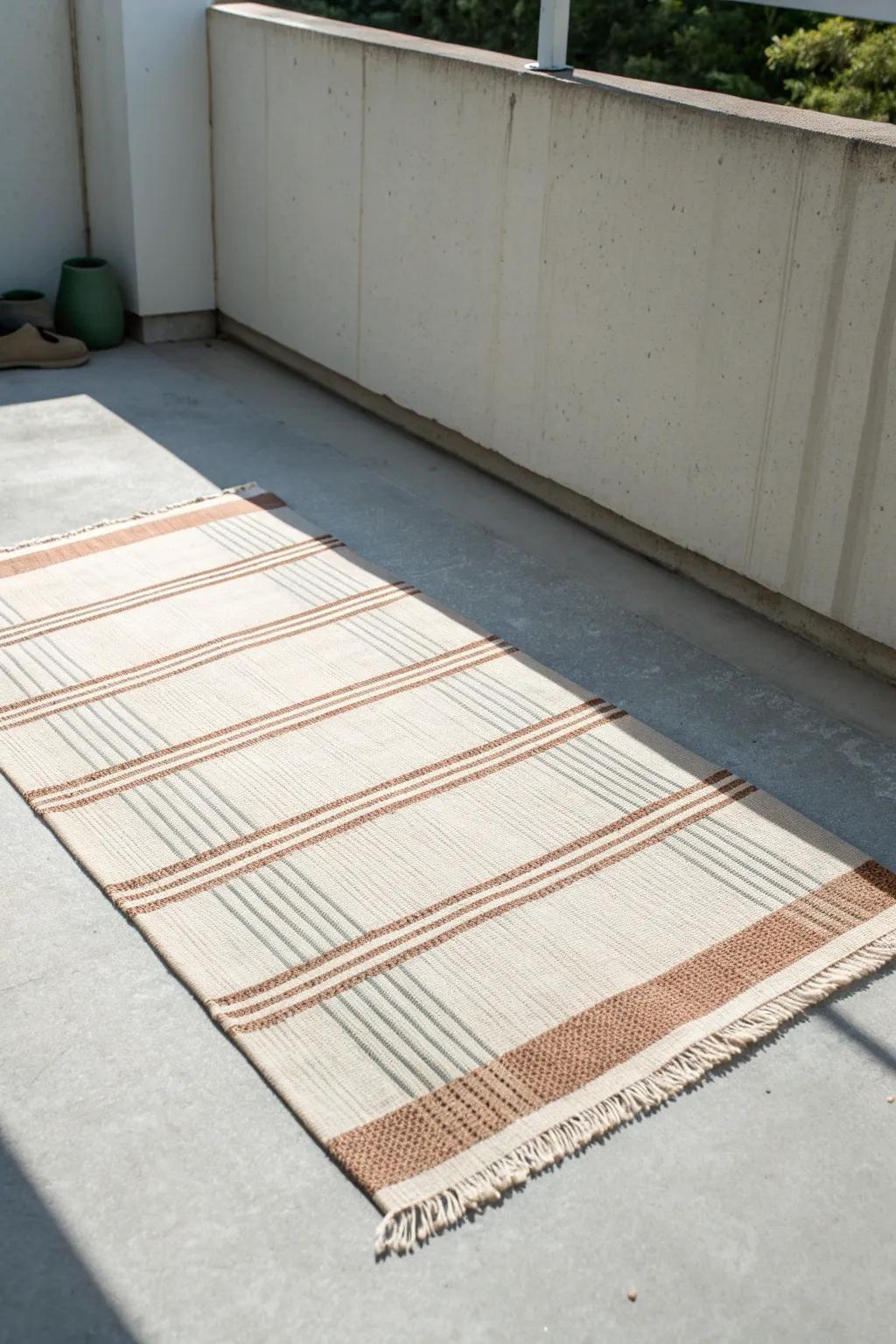 A single outdoor rug instantly warms up plain concrete—soft, styled, and tool-free.