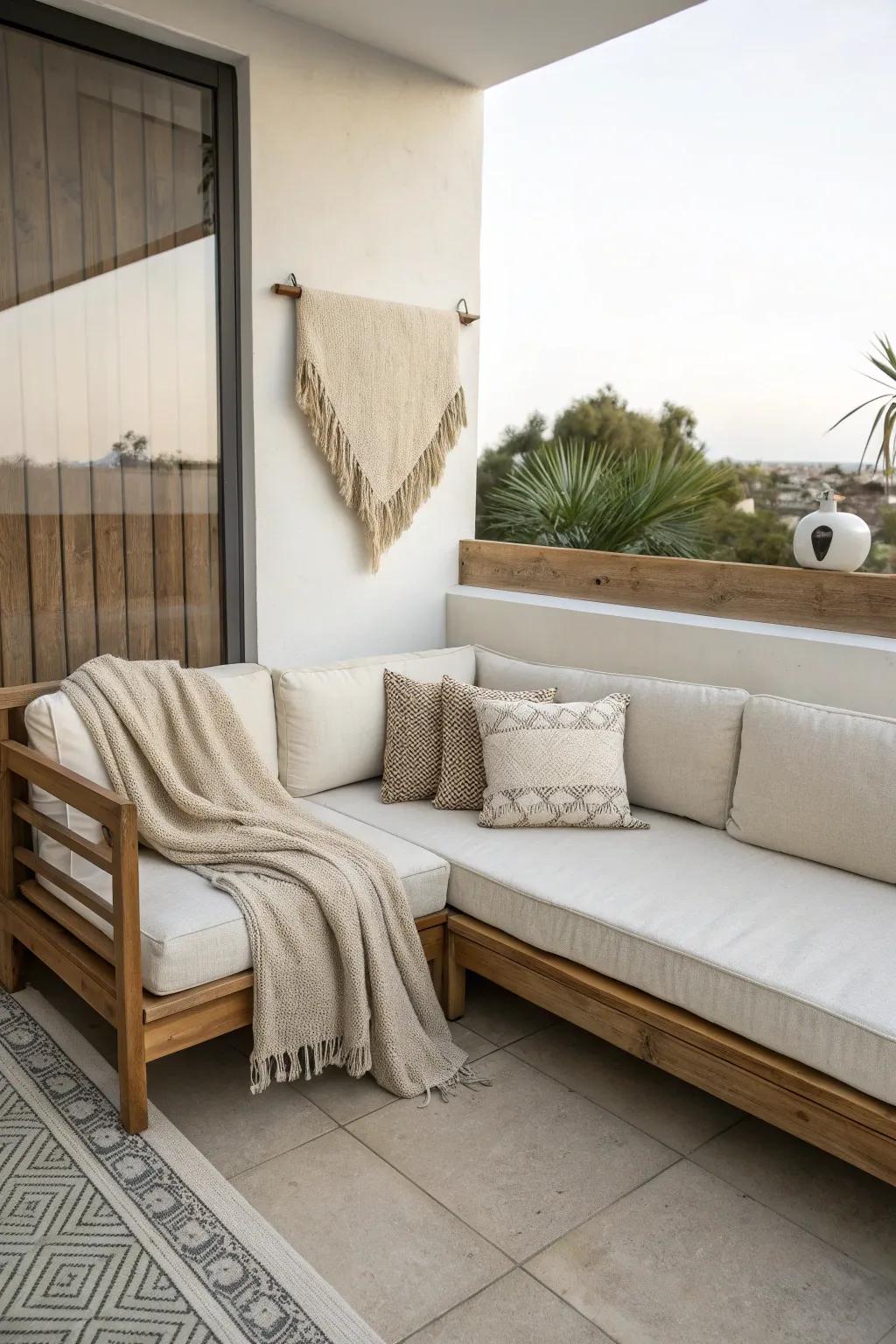 A petite L-shaped sectional turns a tight balcony corner into a cozy, defined lounge zone.