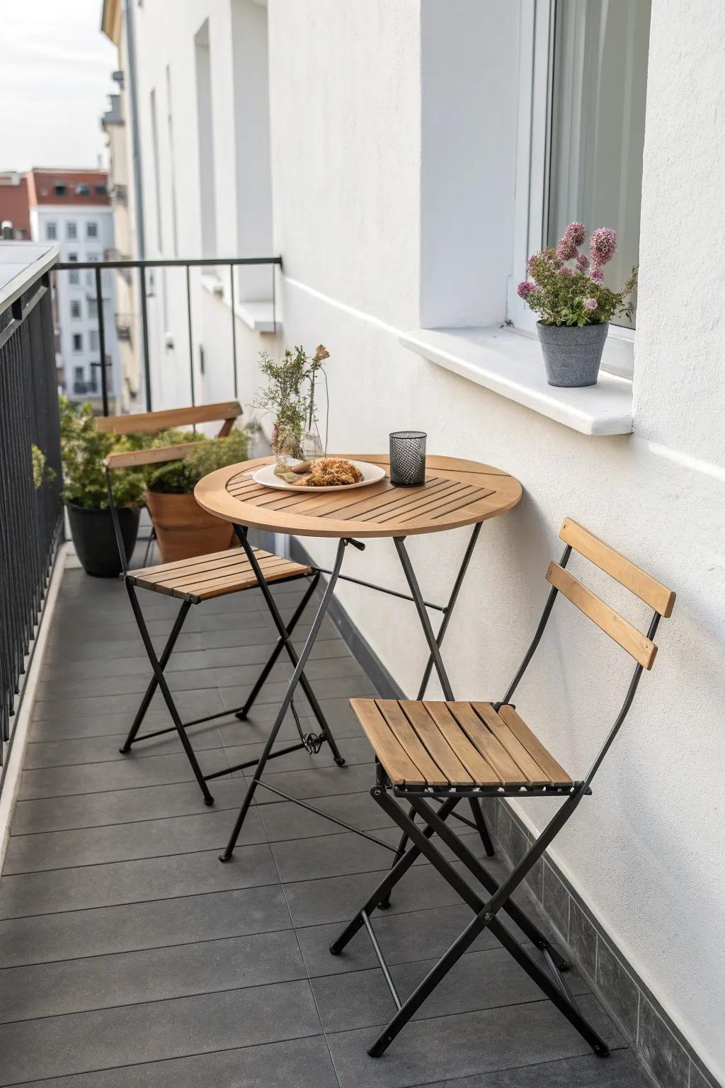 A foldable bistro set makes a narrow balcony feel like a destination—no clutter required.