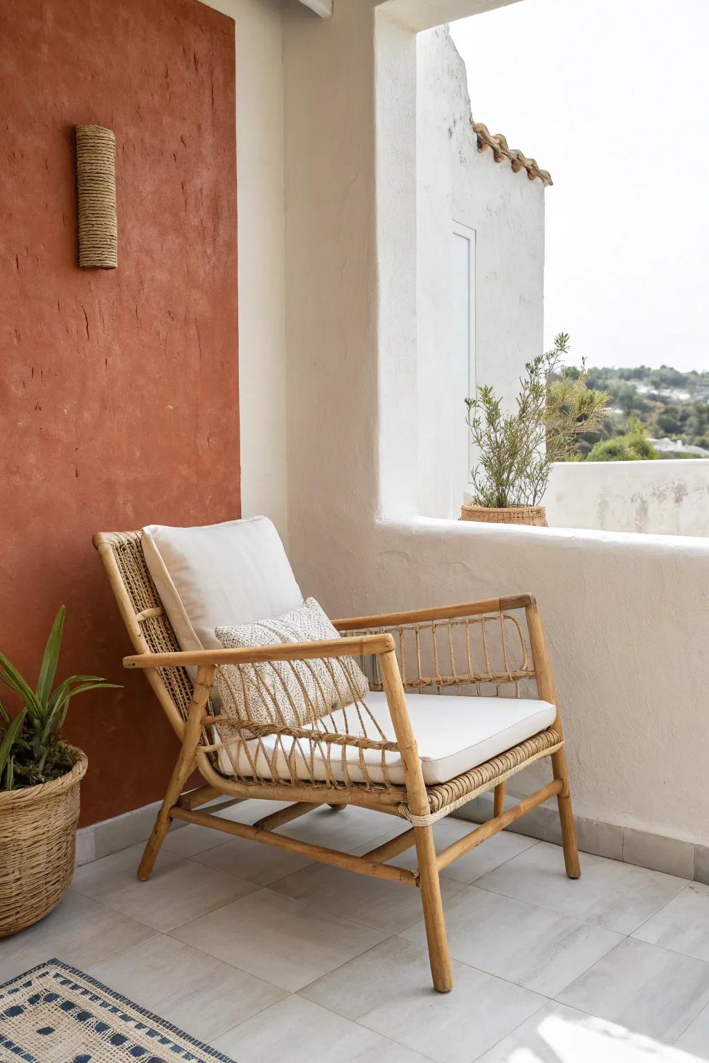 One terracotta accent wall turns a tiny balcony into a warm, lived‑in outdoor lounge.