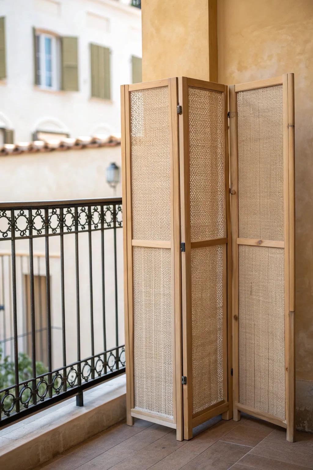A folding privacy screen that turns a tiny balcony corner into a calm, cozy outdoor room.