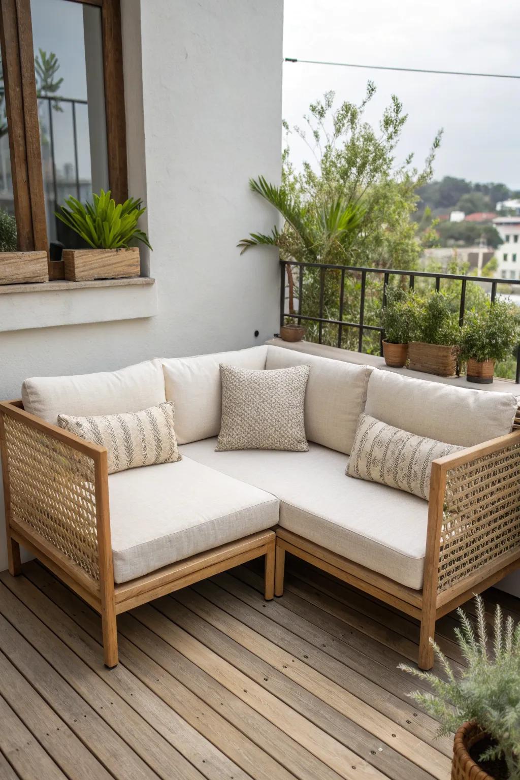 Compact corner sectional that turns a balcony corner into a cozy lounge—without blocking the walkway.