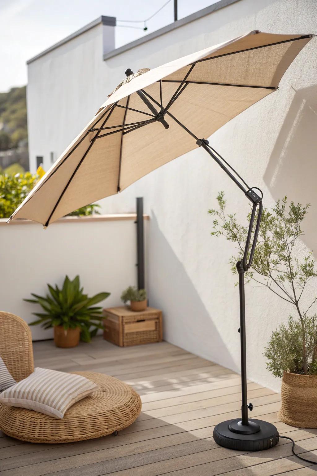 Cantilever umbrella: big shade for a small balcony—no center pole stealing your tiny table space.