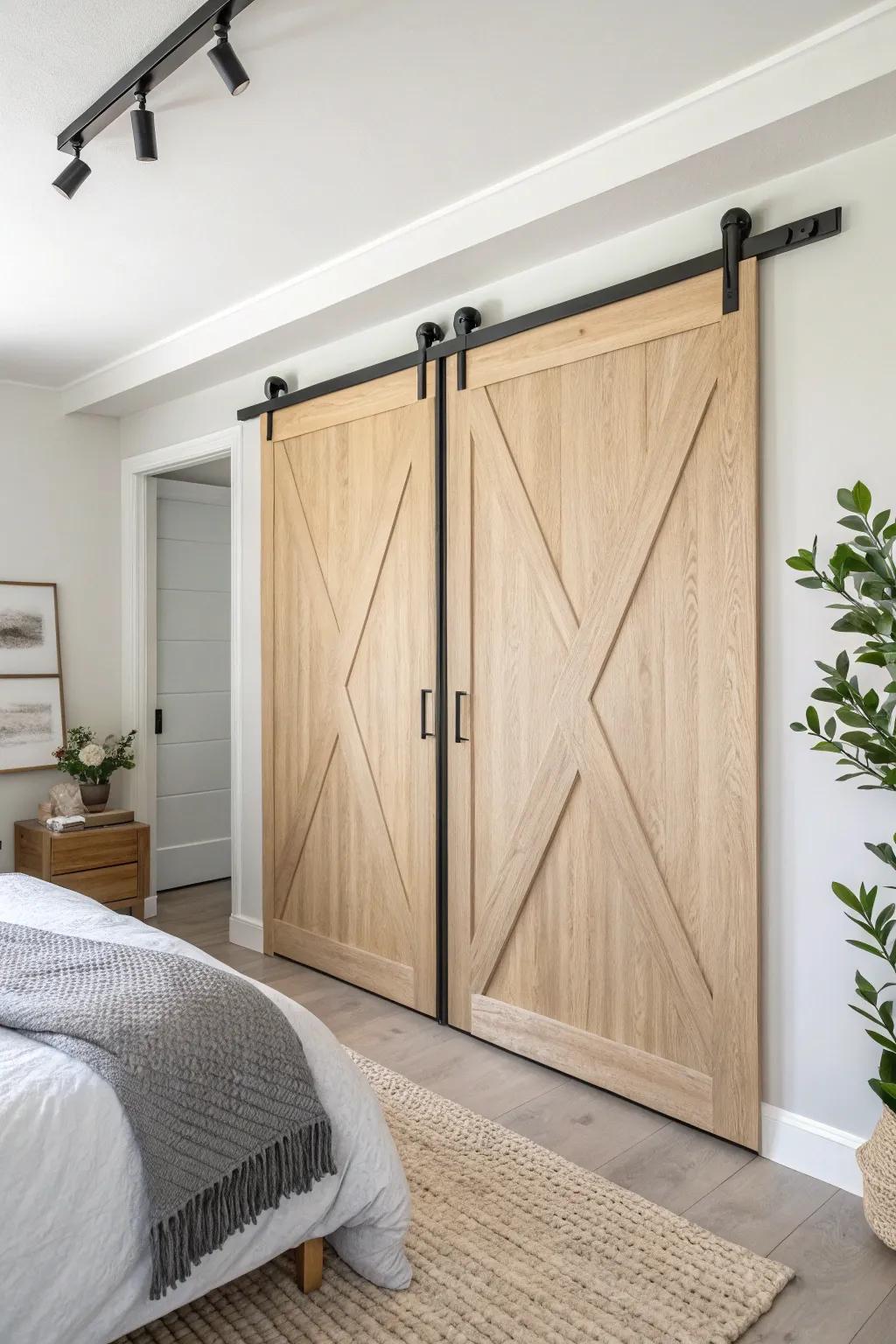 Bypass barn doors glide past each other—perfect when you don’t have wall space to spare.