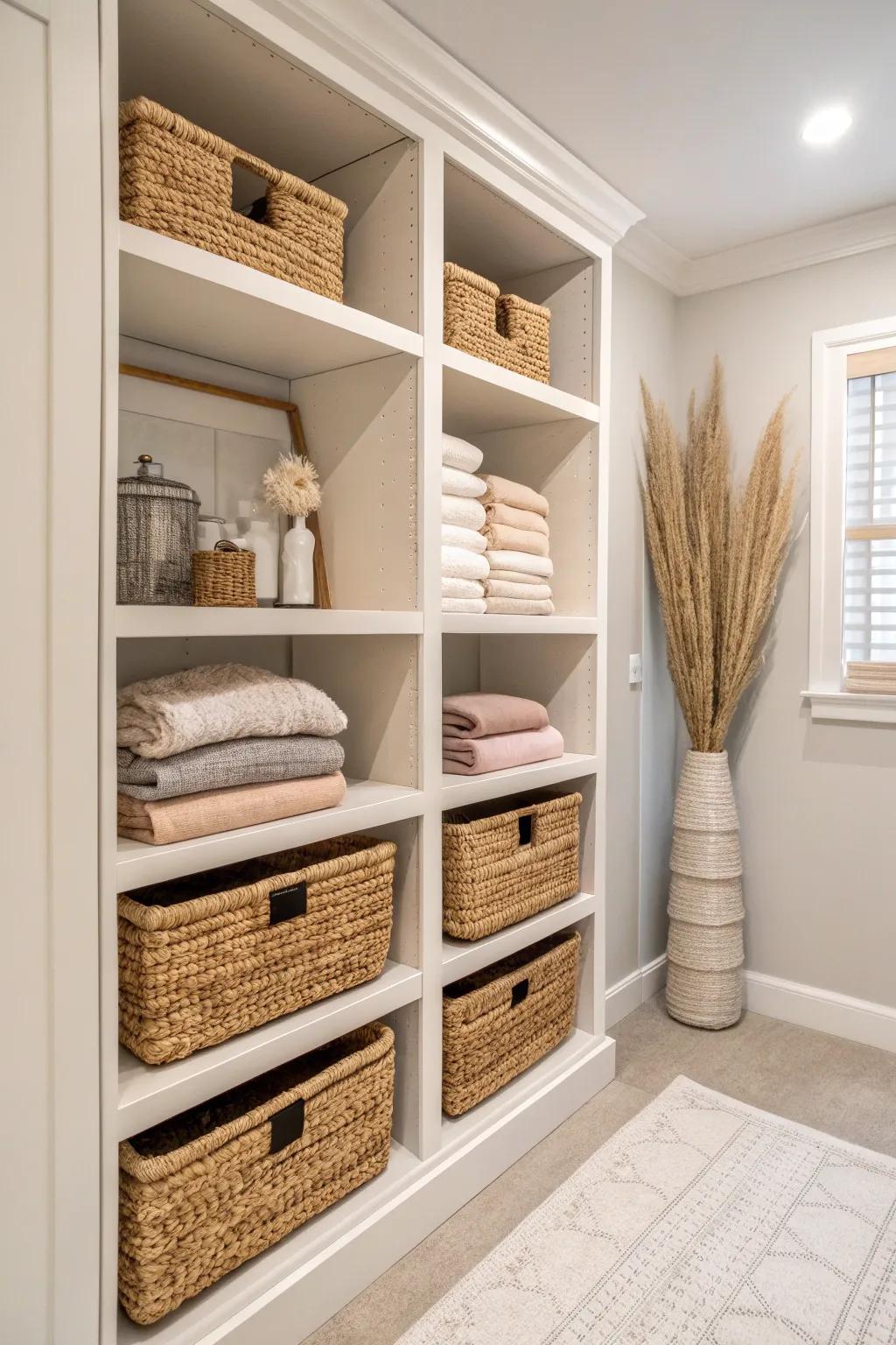 Floor-to-ceiling shelves turn a basement closet into calm, clutter-free vertical storage.