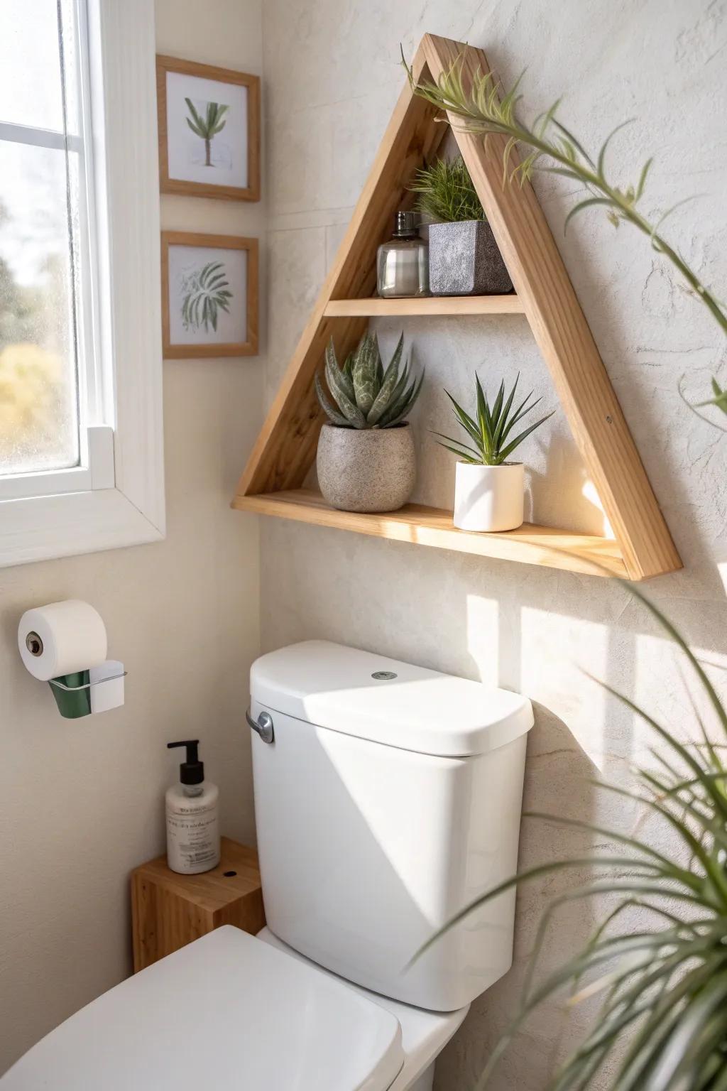 One floating corner shelf + a sculptural air plant: tiny-bathroom decor that feels intentional.