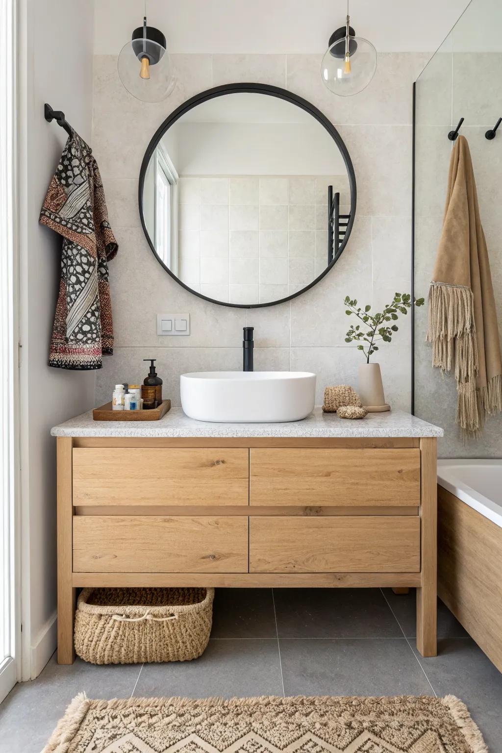 A slim oak vanity bridges closet and bath—makeup close, clothes safe from steam.