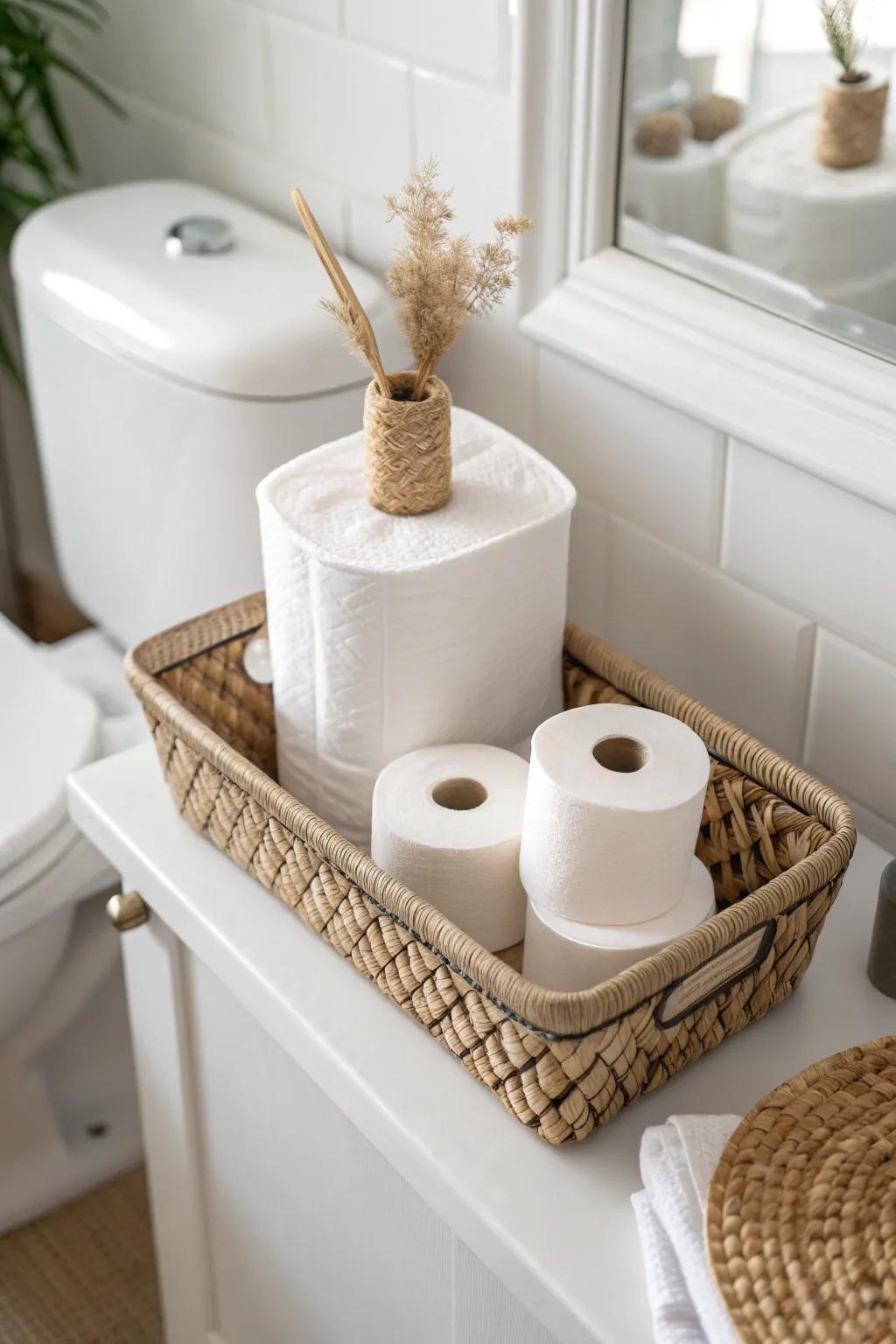 Slim woven toilet-tank tray basket keeps extra rolls chic in the smallest powder room.