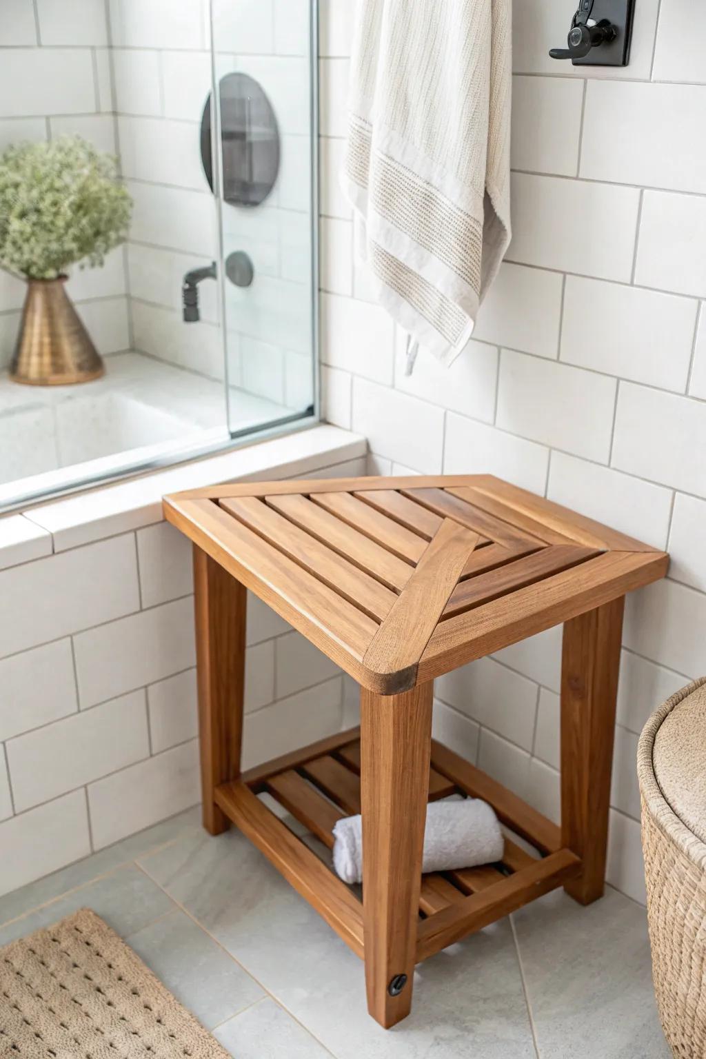 A space-saving corner shower bench that adds warmth, craft, and calm to tiny bathrooms.