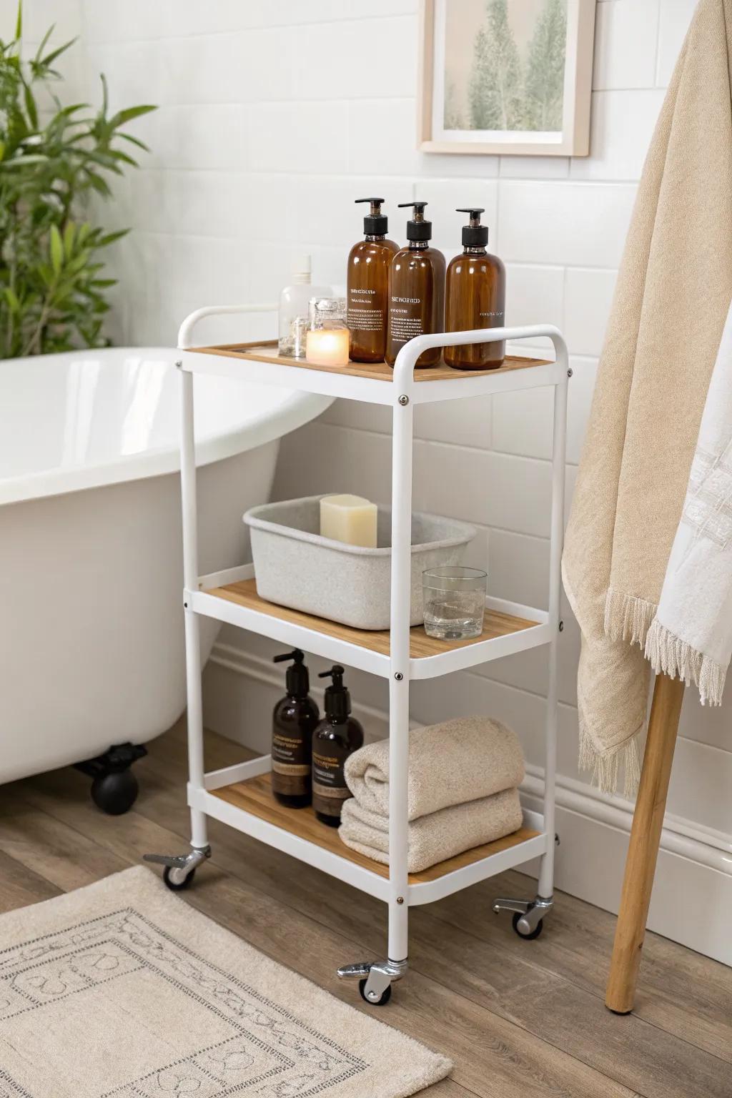 A tub-side spa cart—add a tray on top to make everyday storage feel like a ritual.