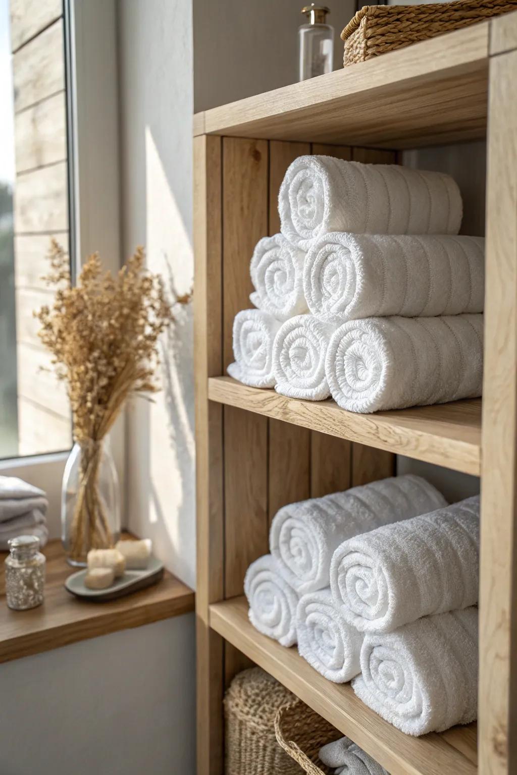 Rolled towel stacks for an open bathroom closet—spa calm, minimal clutter, maximum style.