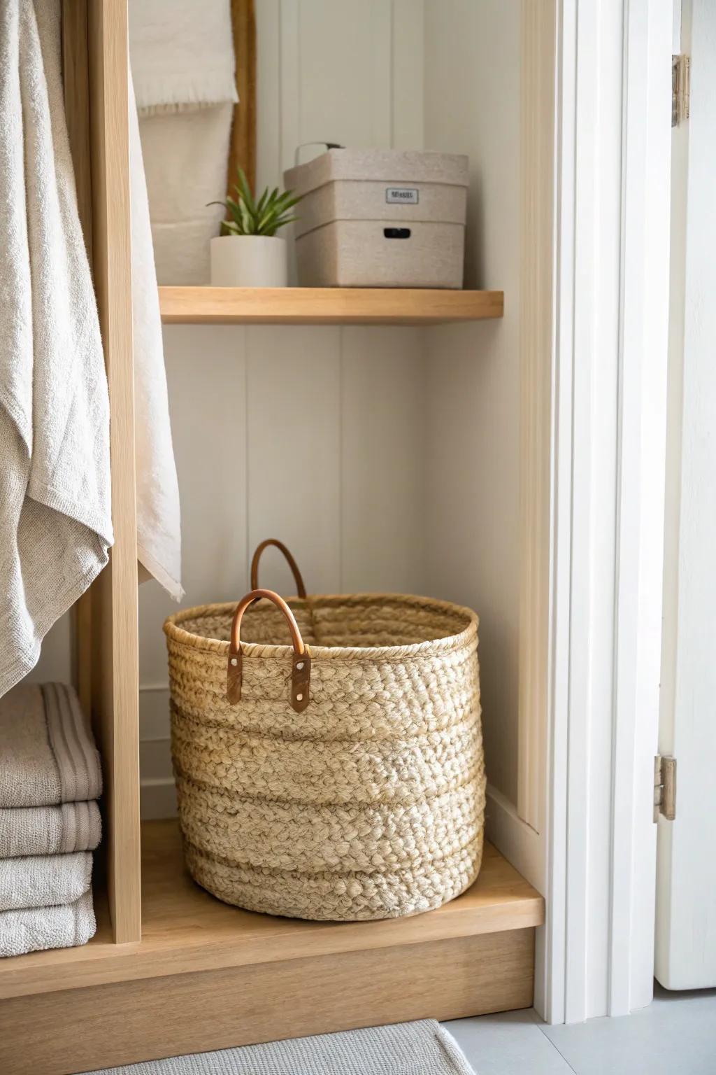 One matching woven basket turns bathroom closet shelves into calm, pull-and-go storage.