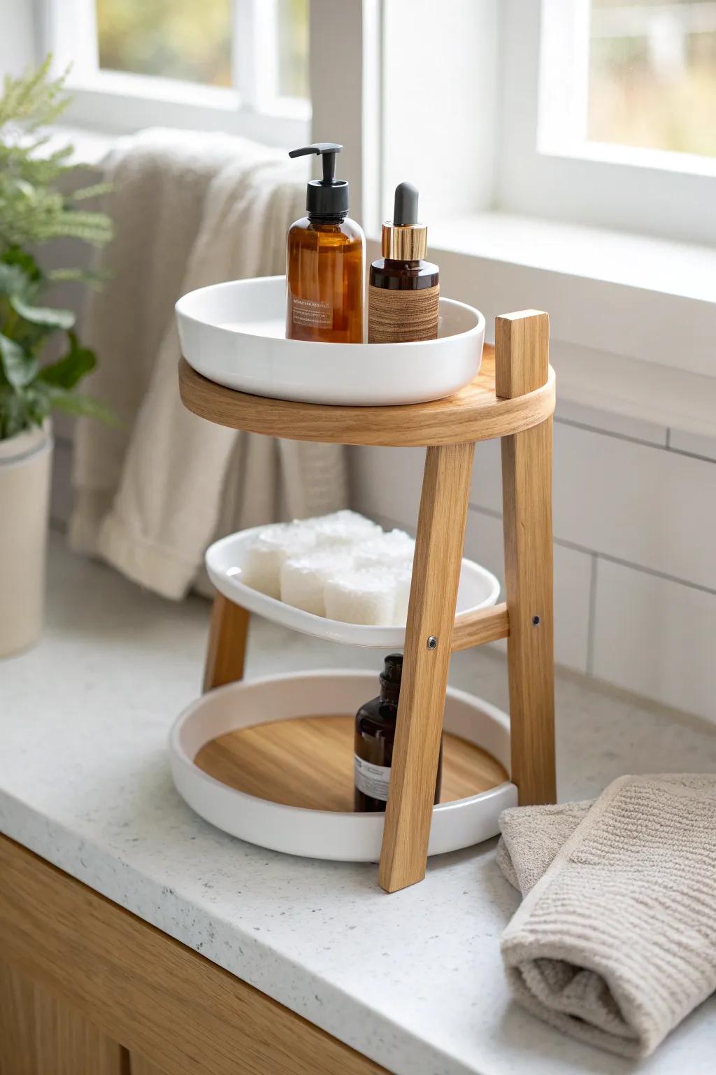 Go vertical: a tiered stand keeps your daily skincare essentials tidy on the tiniest vanity.
