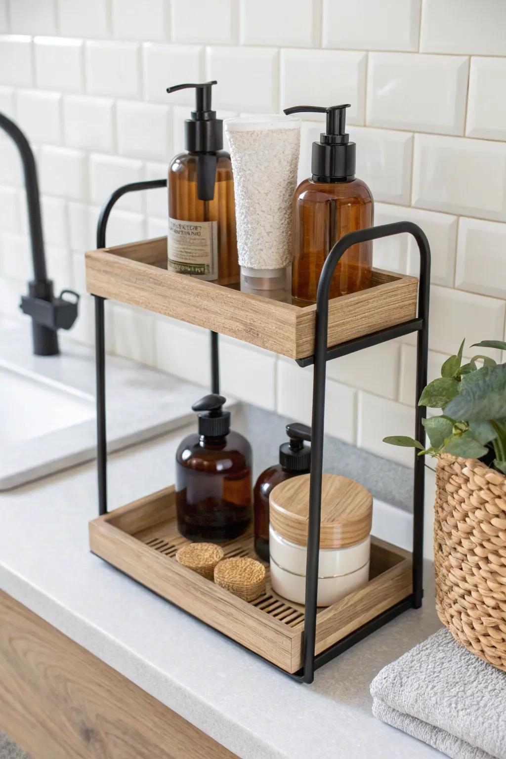 Two-tier shelf magic: stack skincare above dental basics to free up a tiny bathroom counter.